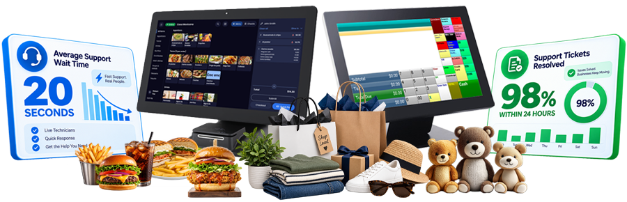 DBS POS Stations with Retail & Restaurant Products Image of a point of sale terminals with food products and retail products with support metrics.