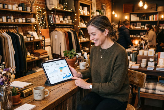 DBS Point of Sale Inventory & Reporting Smiling woman using tablet with sales data in boutique shop.