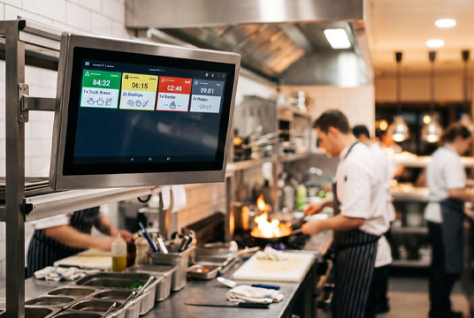DBS Point of Sale Kitchen Technology Restaurant kitchen with digital POS system and chefs at work.