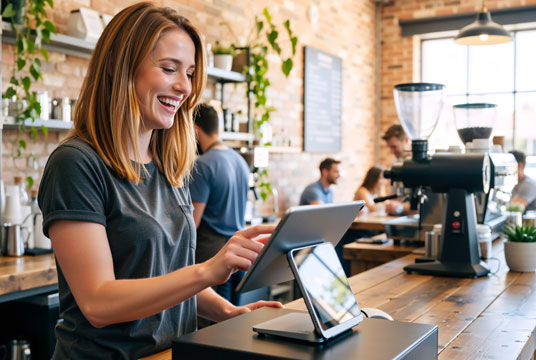DBS Point of Sale Hardware Happy barista using DBS POS system at coffee shop counter.