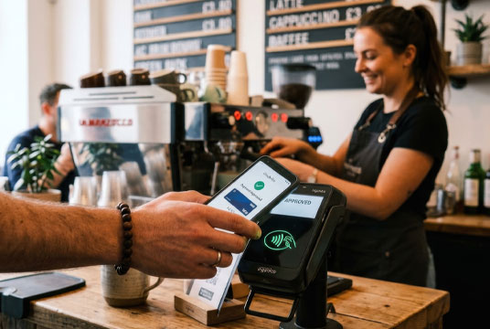 DBS Point of Sale Payments Customer using smartphone for contactless payment at coffee shop.
