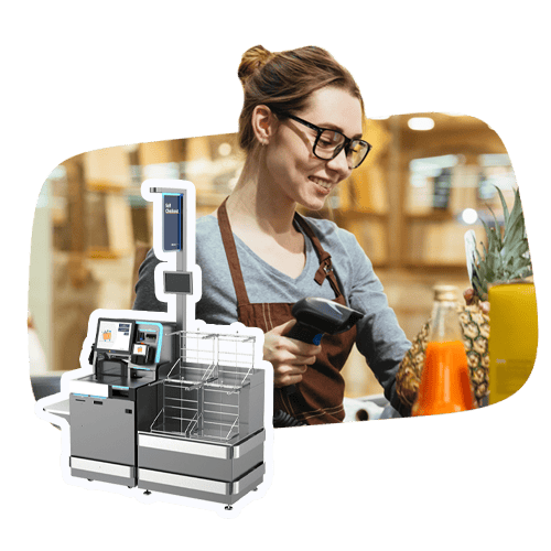 DBS Faster & Easier Checkout for Retail Businesses A woman scans merchandise in a checkout lane at a grocery store.