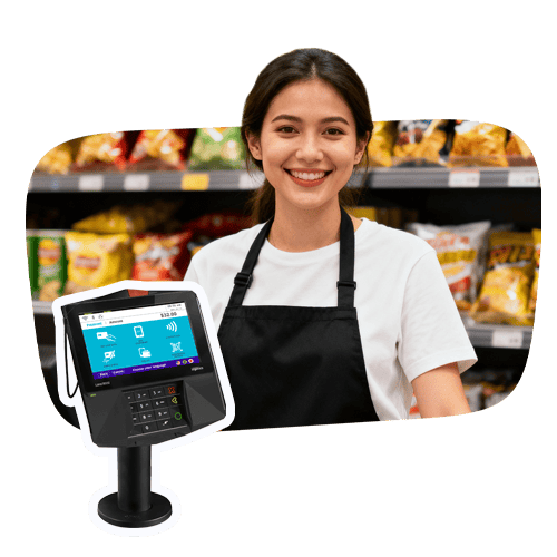 DBS Integrated Payments for Retail Businesses A woman behind the counter at a convenience store with a payment terminal.