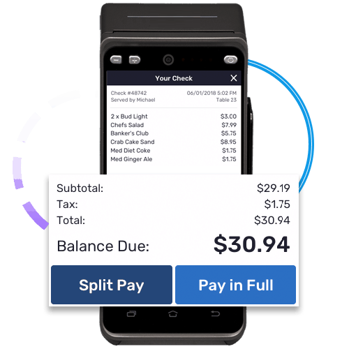 SkyTab handheld terminal with split or pay in full screenshot