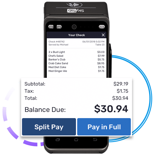SkyTab handheld terminal with split payment screenshot