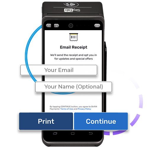 SkyTab handheld terminal with email receipt screenshot