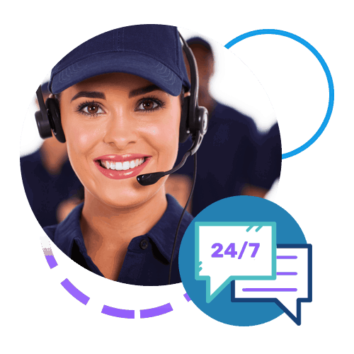 Woman technician with headset and 24/7 chat bubble