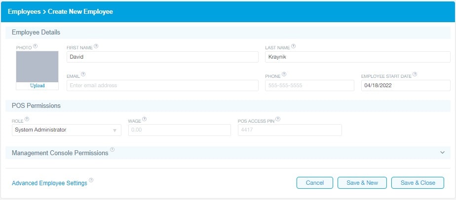 AddEmployeeDetails - CreatingEmployees - Revel Systems Management Console Access