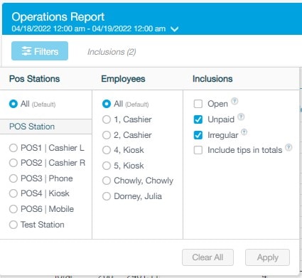 Filtering The Report - Operations Report - Revel Systems Management Console Access