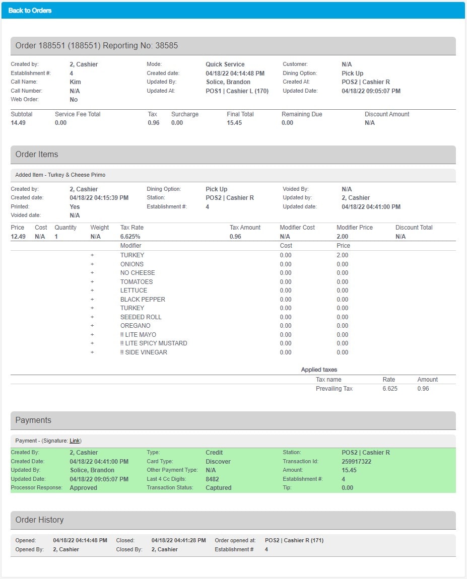 Order Details - Order History Report - Revel Systems Management Console Access