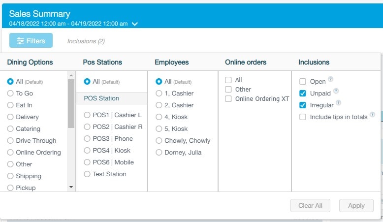 Filtering The Report - Sales Summary Report - Revel Systems Management Console Access