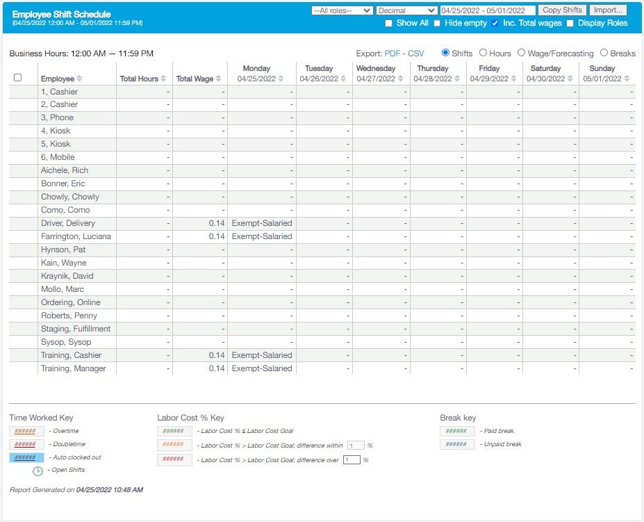 Schedule Selection - Shift Schedule - Revel Systems Management Console Access