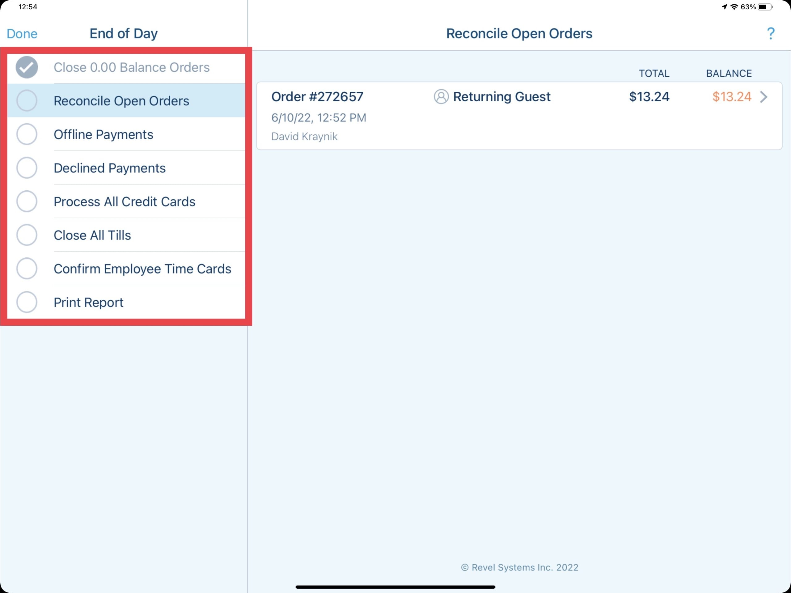 End of Day process screen - Running End of Day with Revel Systems