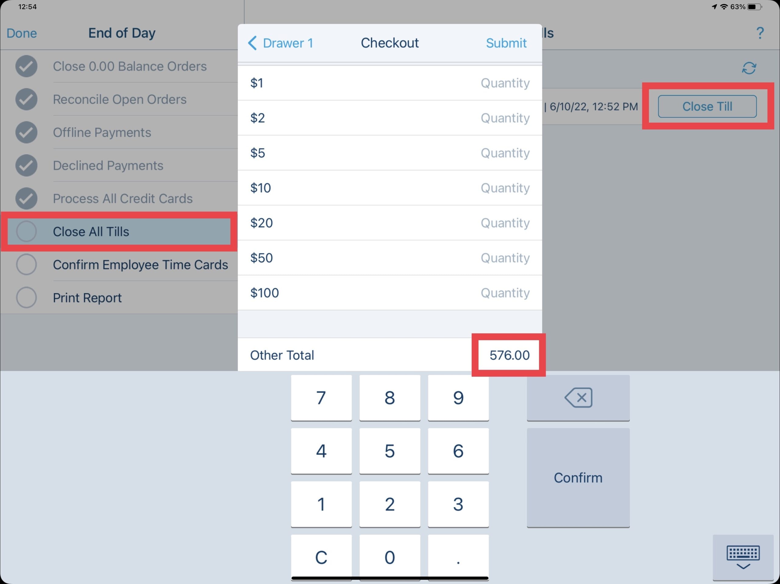 Close All Tills - Total section - Submit the Closing bank - Running End of Day with Revel Systems