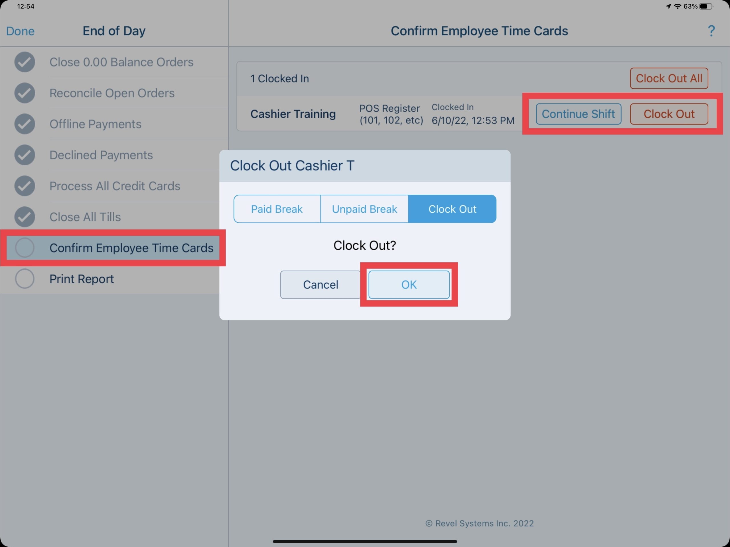 Confirm Employee Time Cards - Running End of Day with Revel Systems