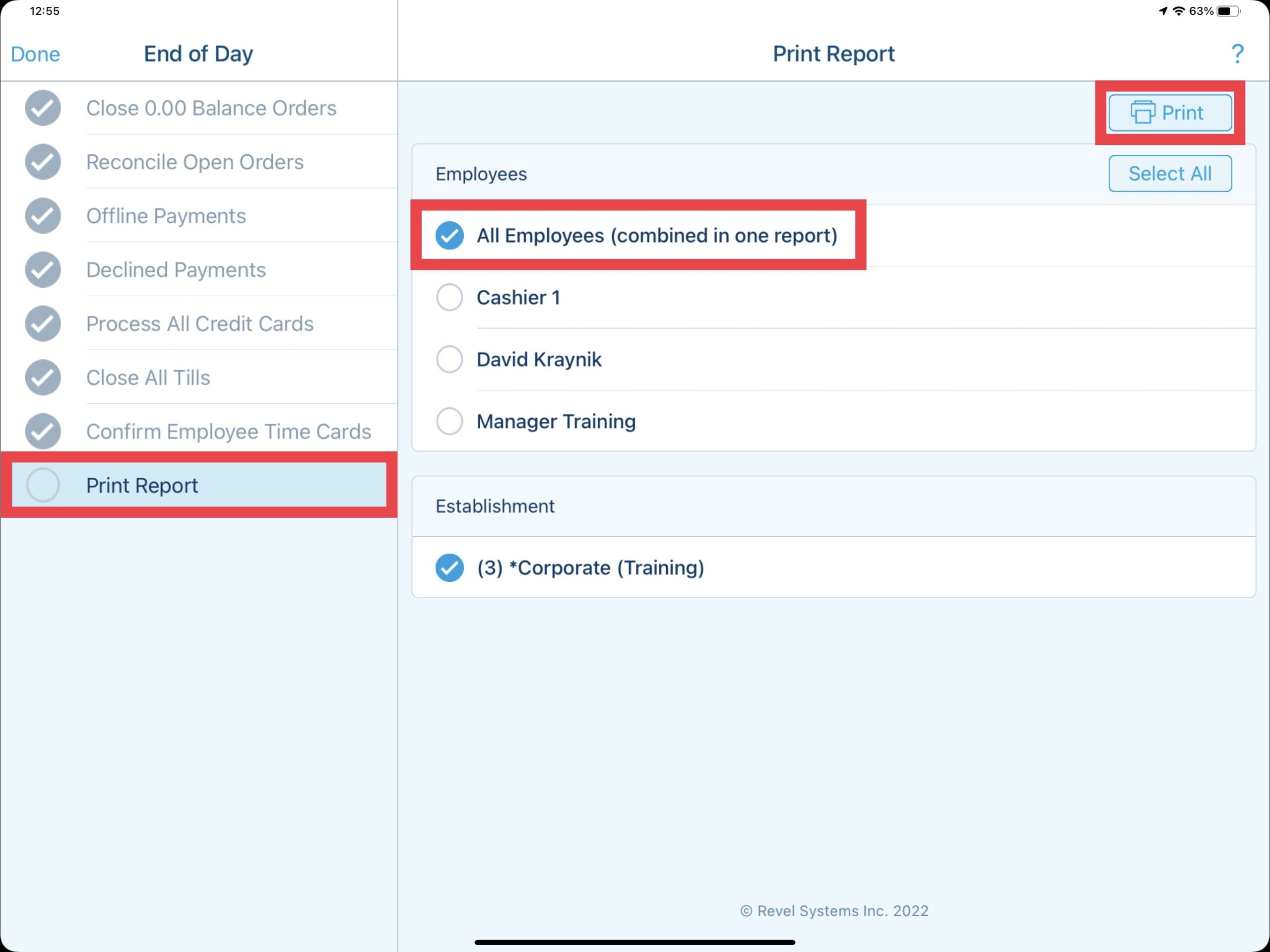 Print Report - All Employees - Running End of Day with Revel Systems