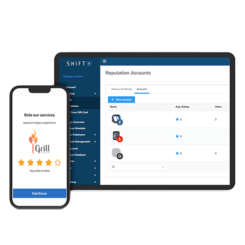 SkyTab Customer Loyalty system dashboard showing reputation accounts and ratings on a tablet device.