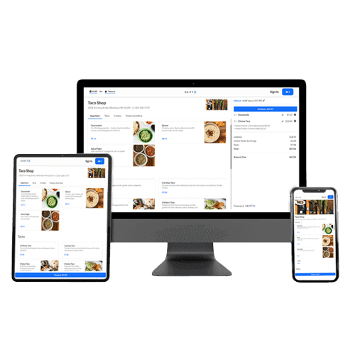 User-friendly SkyTab POS system online ordering interface for restaurants on desktop, tablet, and mobile devices.