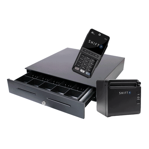 Modern SkyTab POS cash register with receipt printer and cash drawer for hospitality sectors.