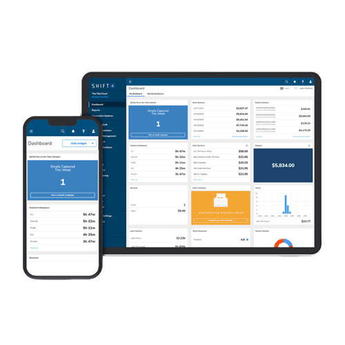 Mobile and desktop SkyTab POS system interface for sales management and analytics.