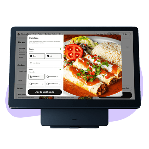 POS self-service kiosk for restaurant order management and payment processing.