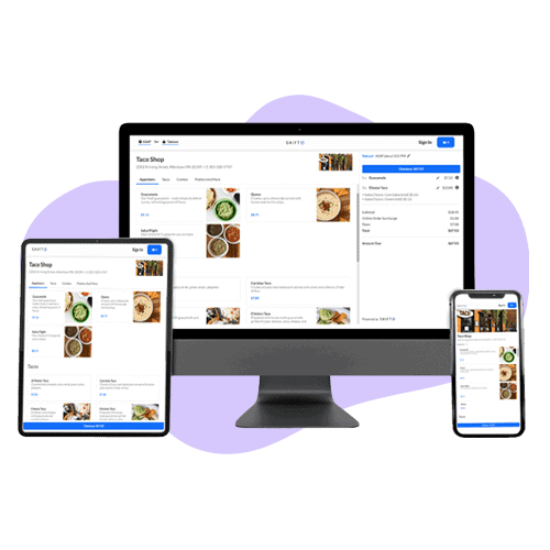Restaurant POS system online ordering displayed on computer, tablet, and smartphone for efficient order management.