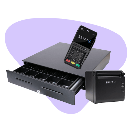 POS cash register system with integrated card reader, cash drawer, and touchscreen for retail and hospitality.