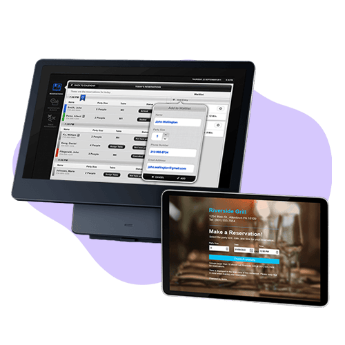 Advanced POS system on touchscreen device for seamless transactions and restaurant reservations.
