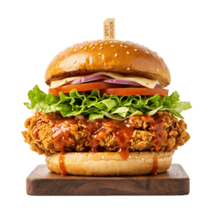 Crispy fried chicken sandwich with lettuce, tomato, and spicy sauce on a bun.