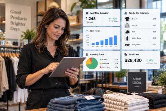 A woman checks her sales on a tablet in a retail store.