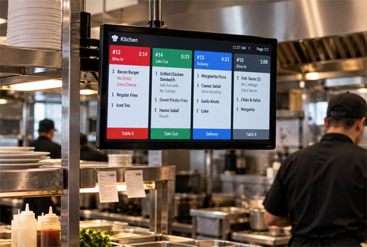 A kitchen display screen with orders.