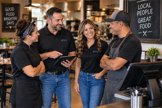 DBS employees show owners their point of sale system.