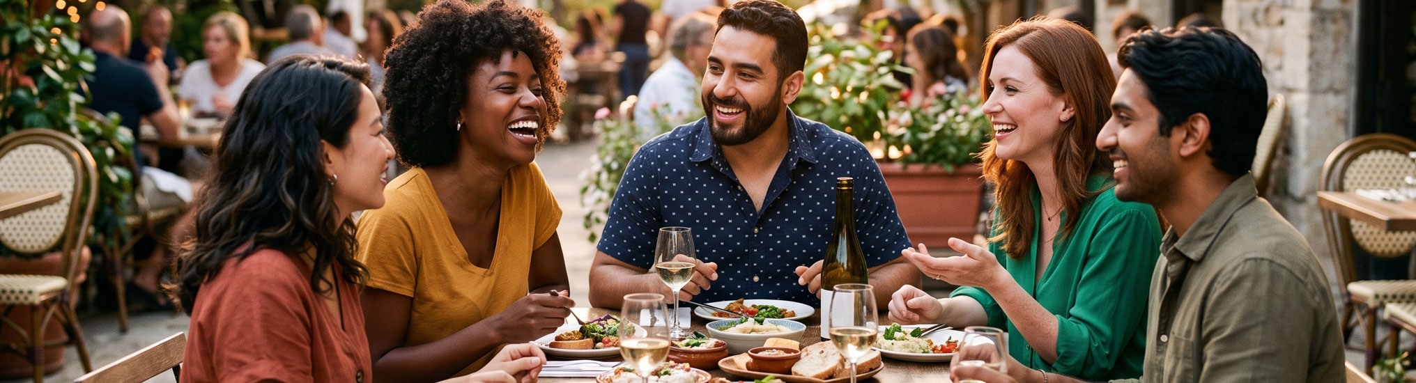 Friends having a lively dinner together at an outdoor restaurant.