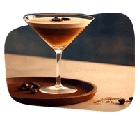 Coffee martini cocktail with coffee beans on a wooden surface.