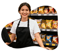 Smiling female cashier using DBS POS system at convenience store.