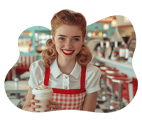 Smiling woman in apron holding ice cream cone at cafe.