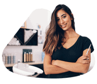Businesswoman using a POS system in a modern office environment.