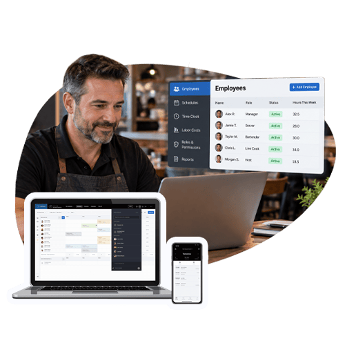 A man manages his employees on a laptop.
