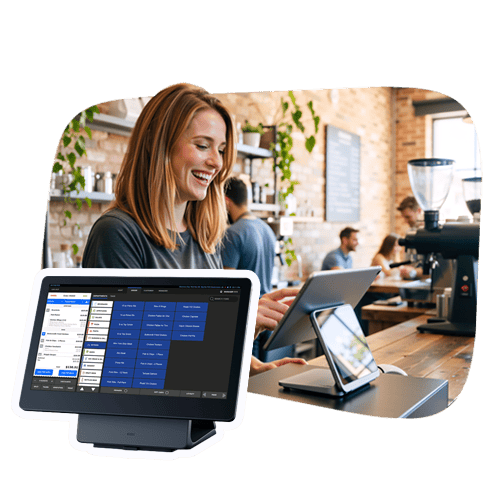 Woman using DBS POS system at coffee shop counter.