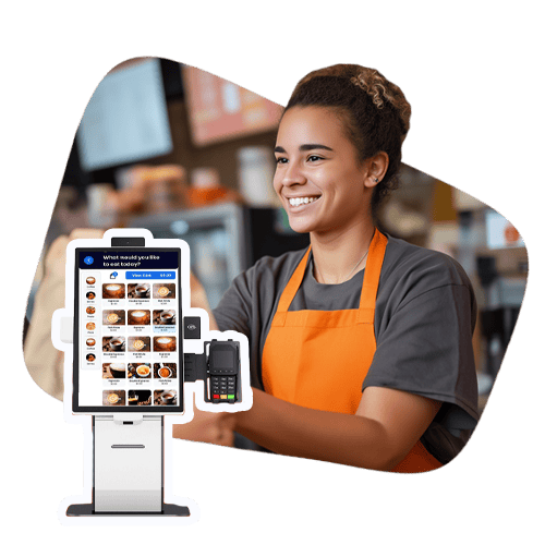 Female cashier using DBS POS system with touchscreen and card reader.