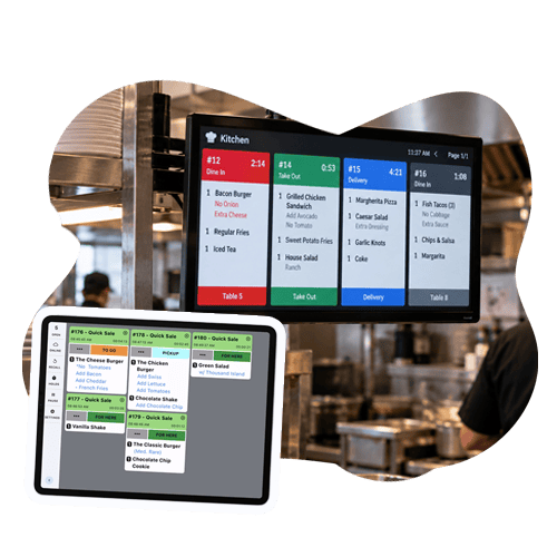 Digital POS system screens showing restaurant orders and menu management.