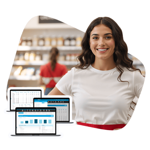A woman in a retail shop using DBS for their POS systems.